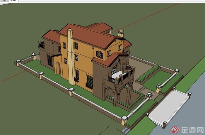 多层详细的完整小区别墅住宅楼su模型