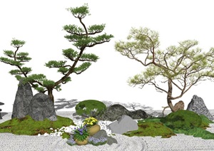 新中式景观小品假山石头 石头 景观树SU(草图大师)模型