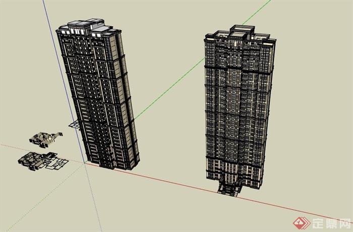 两栋完整的详细住宅楼建筑su模型