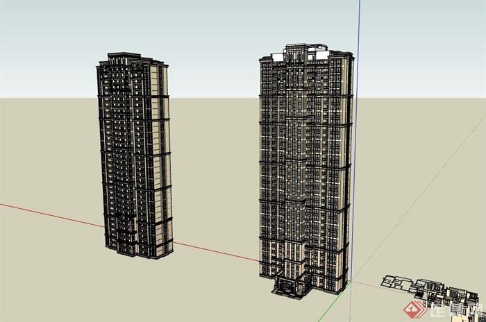 两栋完整的详细住宅楼建筑su模型