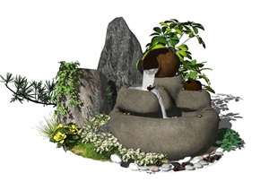 新中式景观小品跌水景观庭院景观石头水景SU(草图大师)模型
