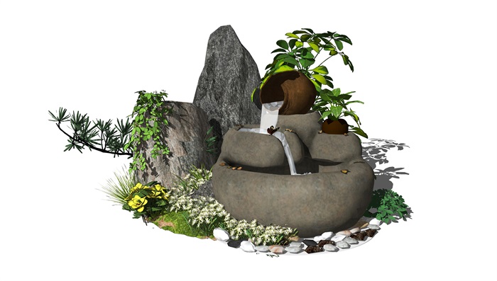 新中式景观小品跌水景观庭院景观石头水景SU模型(2)