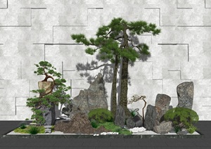 新中式景观小品  庭院景观 石头 景观树SU(草图大师)模型