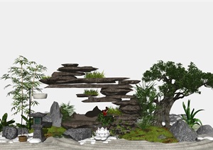 新中式景观小品假山石头 石头 景观树SU(草图大师)模型9