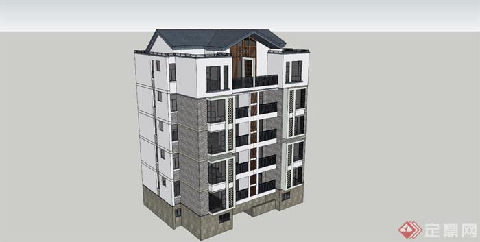 中式单体住宅楼设计su模型带效果图