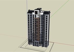 中式风格详细的完整多层小区住宅楼SU(草图大师)模型
