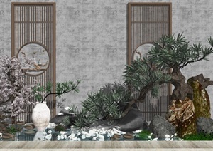 新中式景观小品  庭院景观 石头 景观树SU(草图大师)模型2