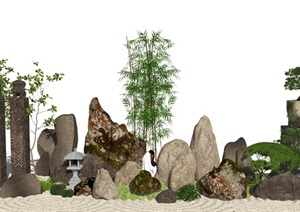 新中式景观小品 石头 庭院景观 植物SU(草图大师)模型