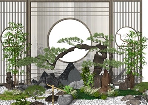 新中式景观小品庭院景观石头 植物 景墙SU(草图大师)模型3