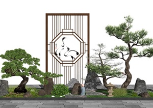 新中式景观小品庭院景观石头 植物 隔断SU(草图大师)模型