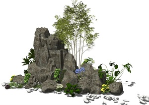 新中式假山石头植物景观小品假山叠石芭蕉花卉SU(草图大师)模型9