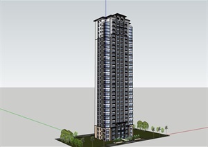 中式风格详细的整体高层居住楼SU(草图大师)模型