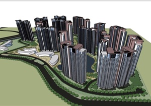 高层详细的完整住宅小区建筑SU(草图大师)模型