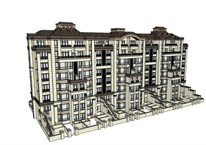 多层整体的独特详细住宅楼SU(草图大师)模型
