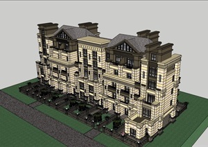 欧式风格详细的完整多层住宅楼SU(草图大师)模型