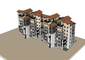详细的欧式风格小区住宅楼SU(草图大师)模型