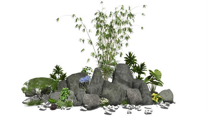 新中式假山石头植物景观小品假山叠石芭蕉花卉SU模型(1)