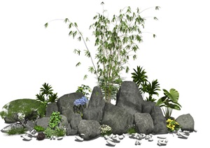 新中式假山石头植物景观小品假山叠石芭蕉花卉SU(草图大师)模型5