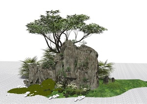 新中式假山石头植物 景观树叠石假山SU(草图大师)模型