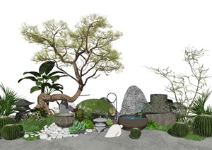 新中式景观小品 庭院景观 景观树 植物 石头SU(草图大师)模型