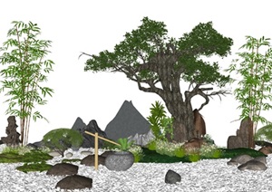 新中式景观小品庭院景观石头 植物 景墙SU(草图大师)模型7