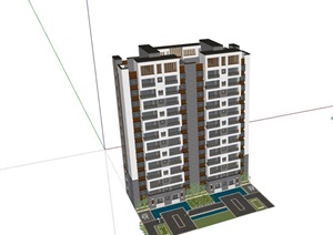 小高层详细的完整独特居住楼SU(草图大师)模型