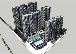 完整的现代高层小区居住楼SU(草图大师)模型