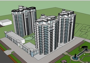 某高层的详细独特小区居住楼SU(草图大师)模型