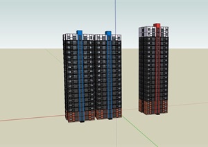 两栋高层现代小区居住楼SU(草图大师)模型
