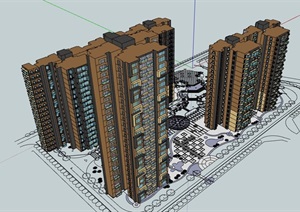 完整的详细小区高层居住楼SU(草图大师)模型
