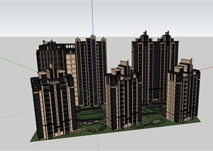高层现代风格详细的多层居住楼SU(草图大师)模型