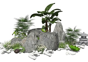 新中式景观小品假山石头植物灌木SU(草图大师)模型