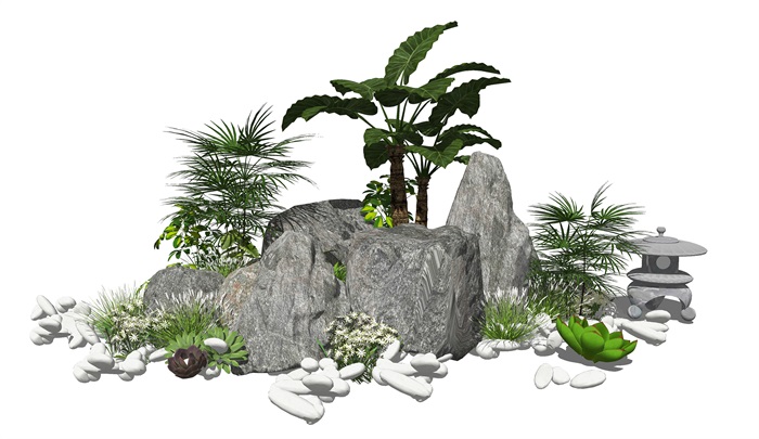 新中式景观小品假山石头植物灌木SU模型(1)