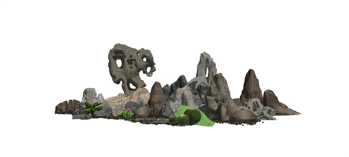 新中式假山石头太湖石景观石景观小品SU模型(1)
