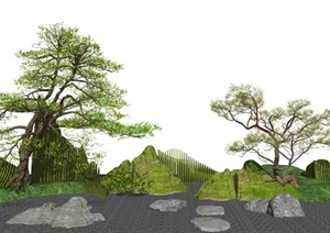 新中式庭院景观 景观树 绿植景观小品 石头SU(草图大师)模型