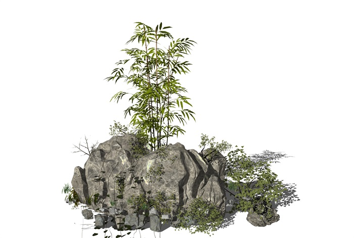 新中式假山石头植物藤蔓假山叠石SU模型(2)