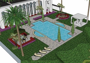 详细的完整美式庭院花园景观SU(草图大师)模型