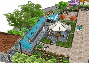 欧式风格详细的别墅庭院花园景观SU(草图大师)模型