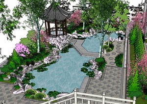 某古典中式详细庭院花园景观SU(草图大师)模型