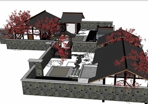 古典中式风格详细的庭院花园景观SU(草图大师)模型
