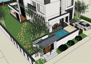 详细的中式庭院景观设计SU(草图大师)模型