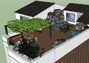 中式风格详细的屋顶庭院景观SU(草图大师)模型