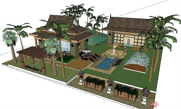 详细的整体完整庭院景观su模型
