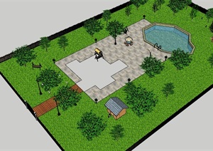 某完整的详细别墅庭院景观SU(草图大师)模型