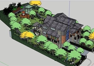 详细的整体别墅庭院景观SU(草图大师)模型