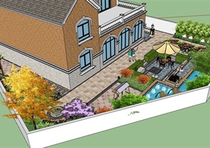 欧式风格详细的整体完整别墅庭院景观SU(草图大师)模型