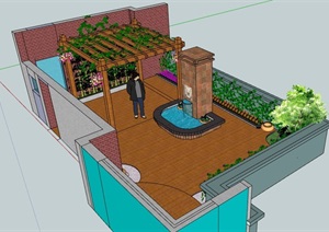 详细的现代屋顶庭院景观SU(草图大师)模型