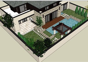 欧式风格详细的别墅庭院景观SU(草图大师)模型
