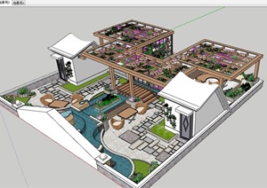 详细的整体现代风格屋顶花园设计SU(草图大师)模型