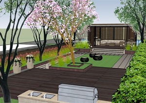现代风格详细的整庭院花园设计SU(草图大师)模型